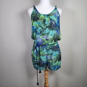 Only‎ Blue Behavior Shorts Romper Womens Medium Pockets One Piece Tropical Print